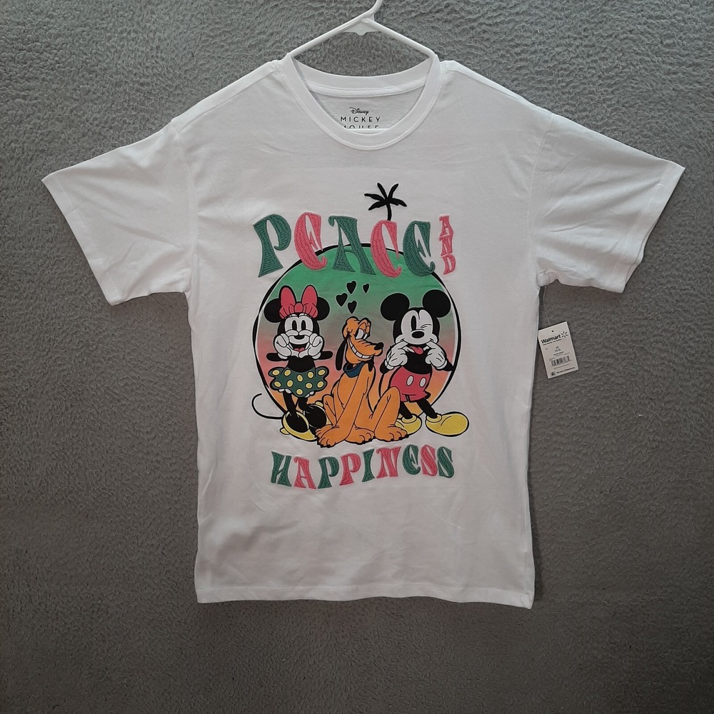 Disney Shirt Womens Extra Small White Tee Mickey Mouse Minnie Goofy Embroidered